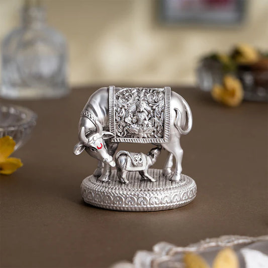 999 Silver Plated Kamdhenu Cow with Calf Idol