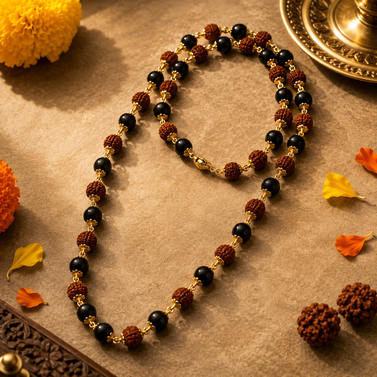 Divya Raksha Rudraksha & Karungali Mala with Gold Capping