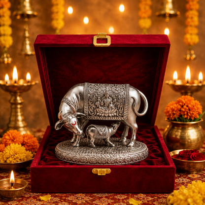 999 Silver Plated Kamdhenu Cow with Calf Idol