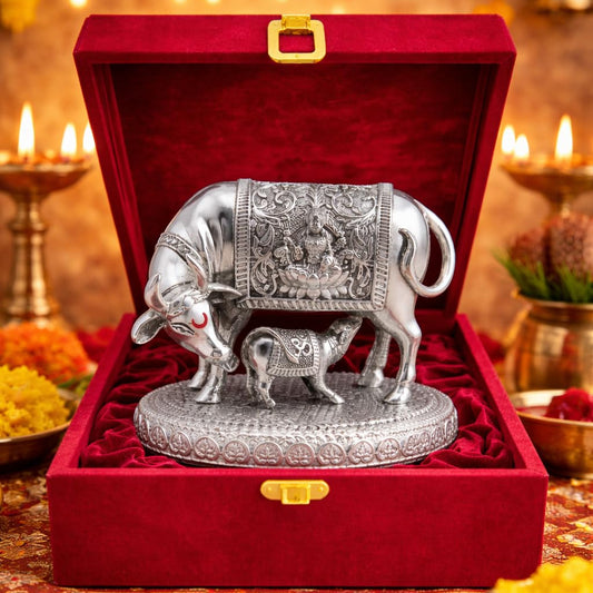 999 Silver Plated Kamdhenu Cow with Calf Idol