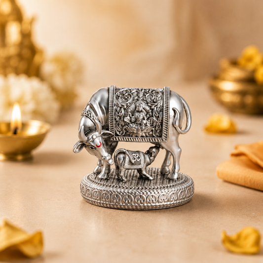 999 Silver Plated Kamdhenu Cow with Calf Idol