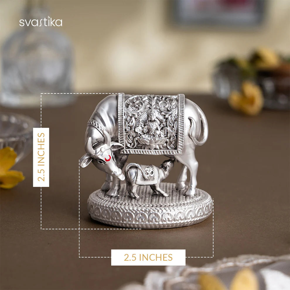 999 Silver Plated Kamdhenu Cow with Calf Idol