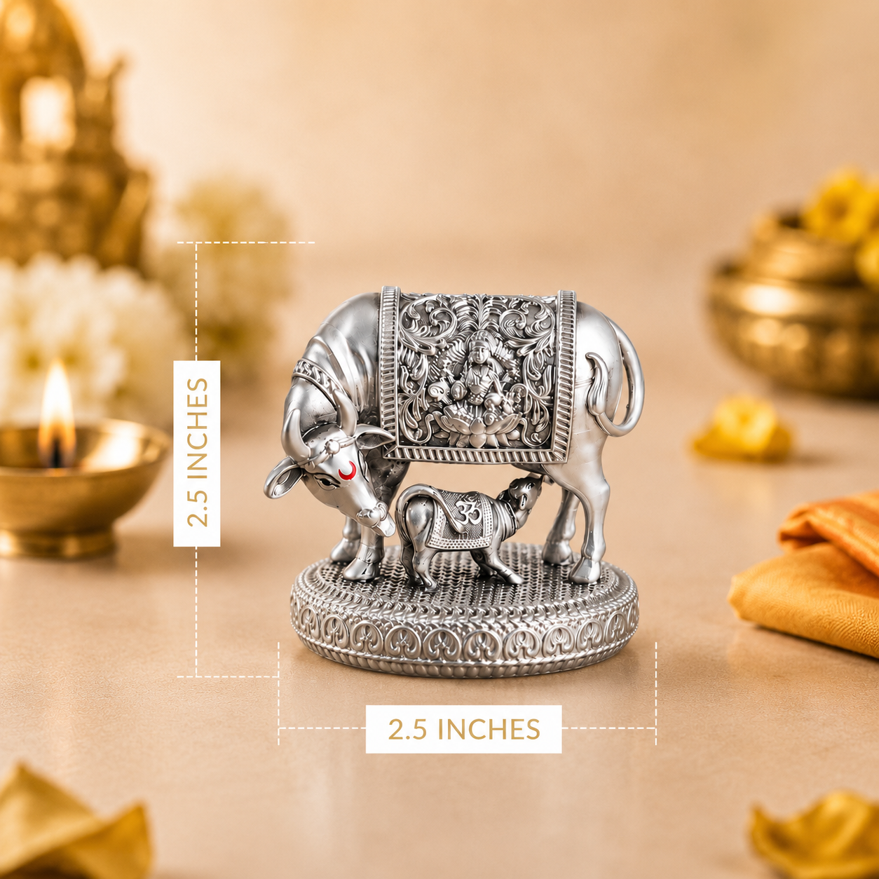 999 Silver Plated Kamdhenu Cow with Calf Idol