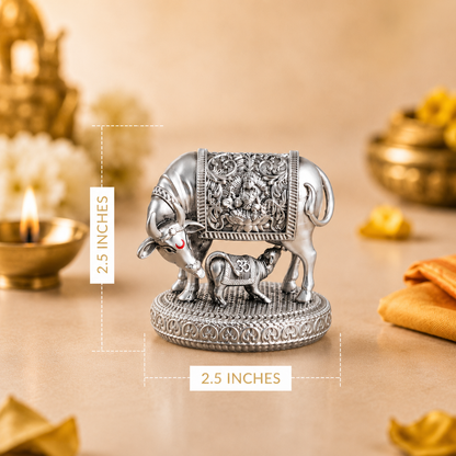999 Silver Plated Kamdhenu Cow with Calf Idol