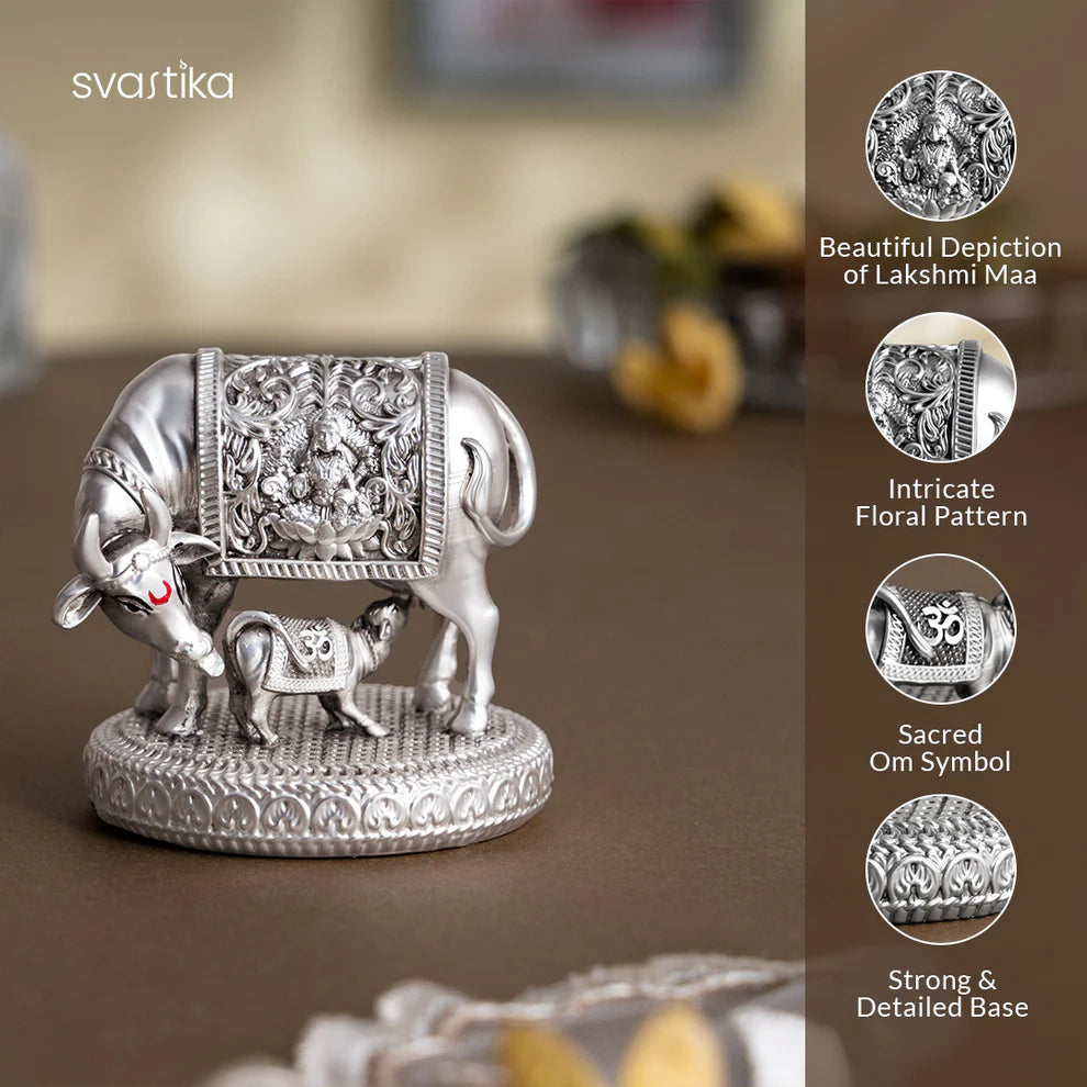 999 Silver Plated Kamdhenu Cow with Calf Idol