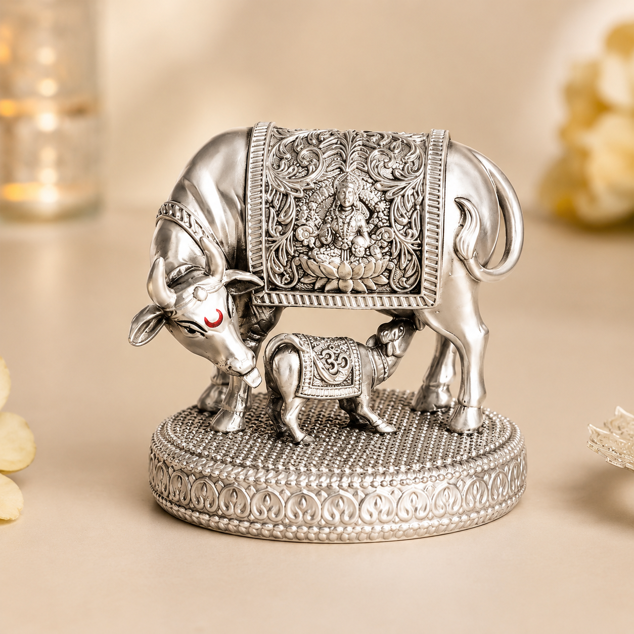 999 Silver Plated Kamdhenu Cow with Calf Idol
