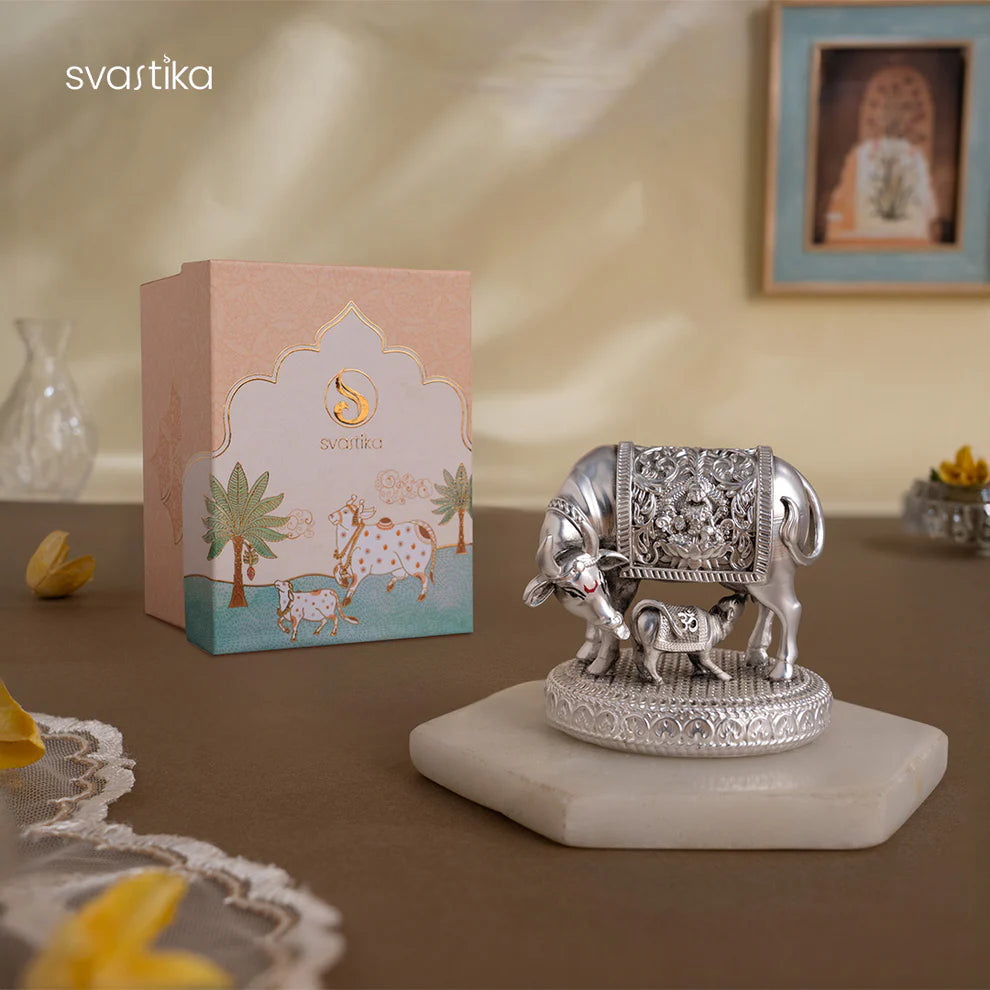999 Silver Plated Kamdhenu Cow with Calf Idol