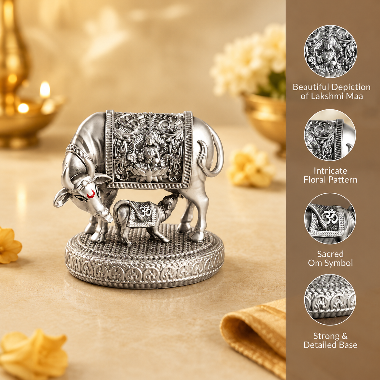 999 Silver Plated Kamdhenu Cow with Calf Idol