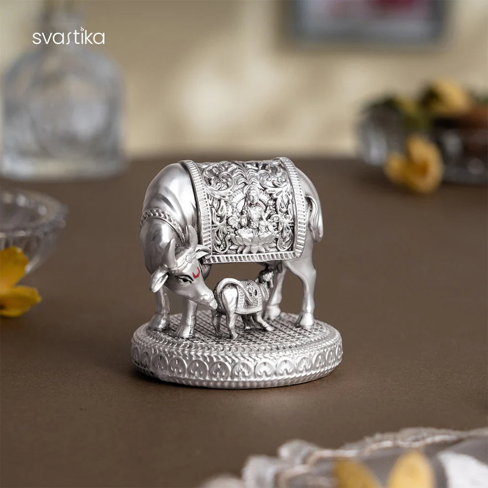 999 Silver Plated Kamdhenu Cow with Calf Idol