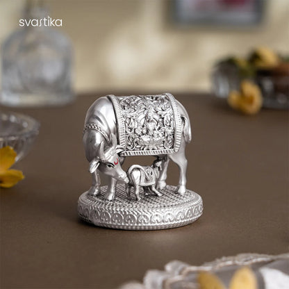 999 Silver Plated Kamdhenu Cow with Calf Idol