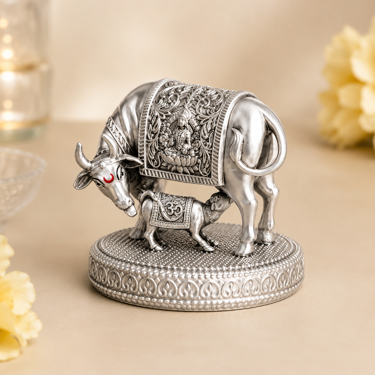 999 Silver Plated Kamdhenu Cow with Calf Idol