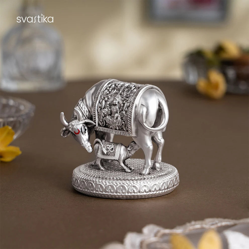 999 Silver Plated Kamdhenu Cow with Calf Idol