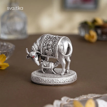 999 Silver Plated Kamdhenu Cow with Calf Idol