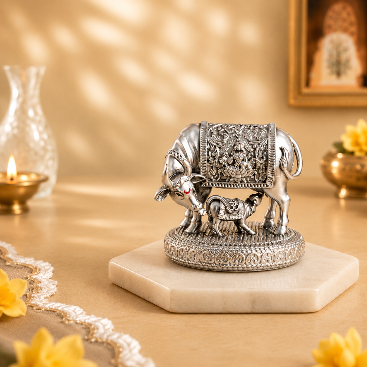 999 Silver Plated Kamdhenu Cow with Calf Idol