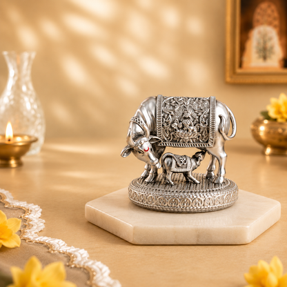 999 Silver Plated Kamdhenu Cow with Calf Idol