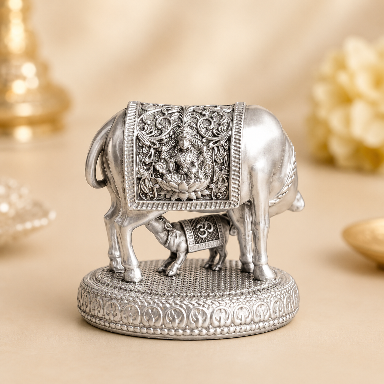 999 Silver Plated Kamdhenu Cow with Calf Idol