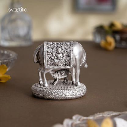 999 Silver Plated Kamdhenu Cow with Calf Idol