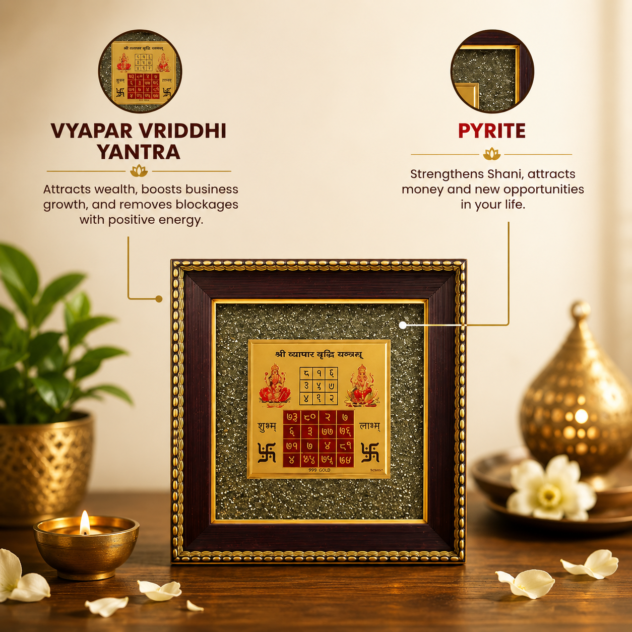 Vyapar Vriddhi Yantra on Raw Pyrite Frame