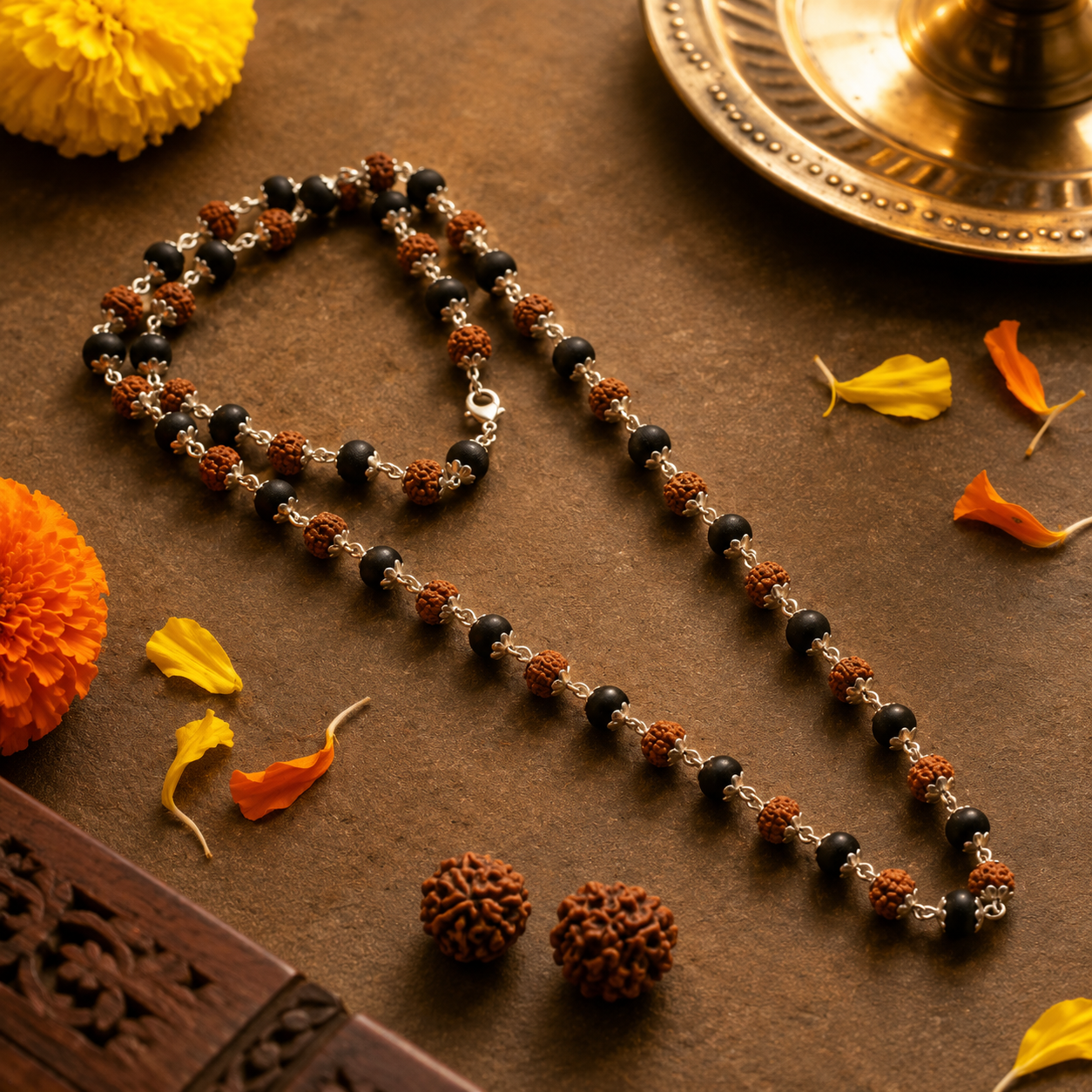 Divya Raksha Rudraksha & Karungali Mala with Gold Capping